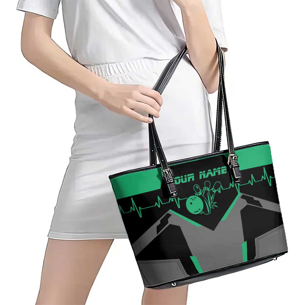 Personalized Bowling Heartbeat Team Leather Tote Bag For Bowlers Green and Gray - Wonder Print Shop