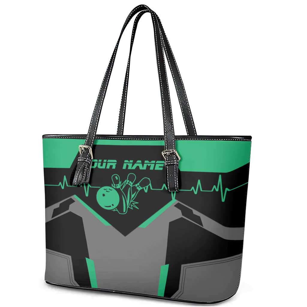 Personalized Bowling Heartbeat Team Leather Tote Bag For Bowlers Green and Gray - Wonder Print Shop