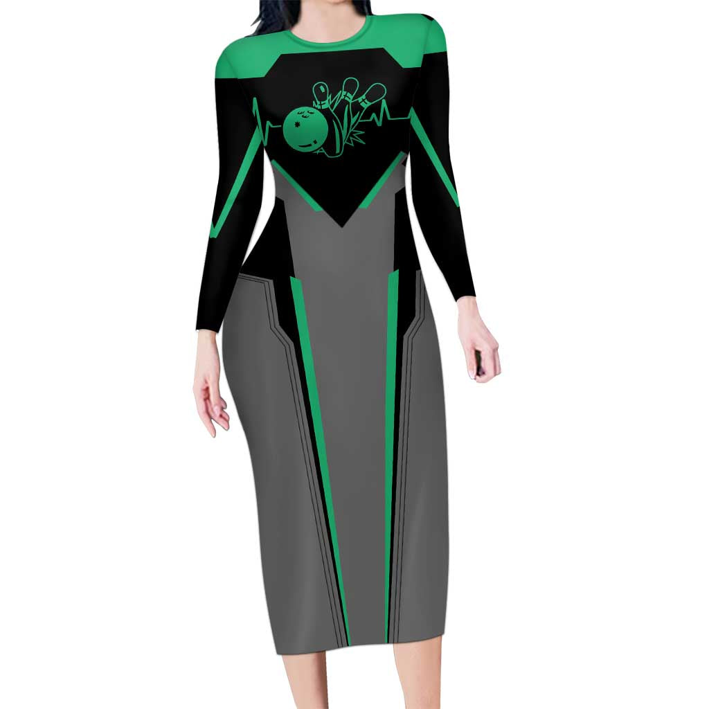 Personalized Bowling Heartbeat Team Long Sleeve Bodycon Dress For Bowlers Green and Gray - Wonder Print Shop