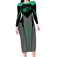 Personalized Bowling Heartbeat Team Long Sleeve Bodycon Dress For Bowlers Green and Gray - Wonder Print Shop