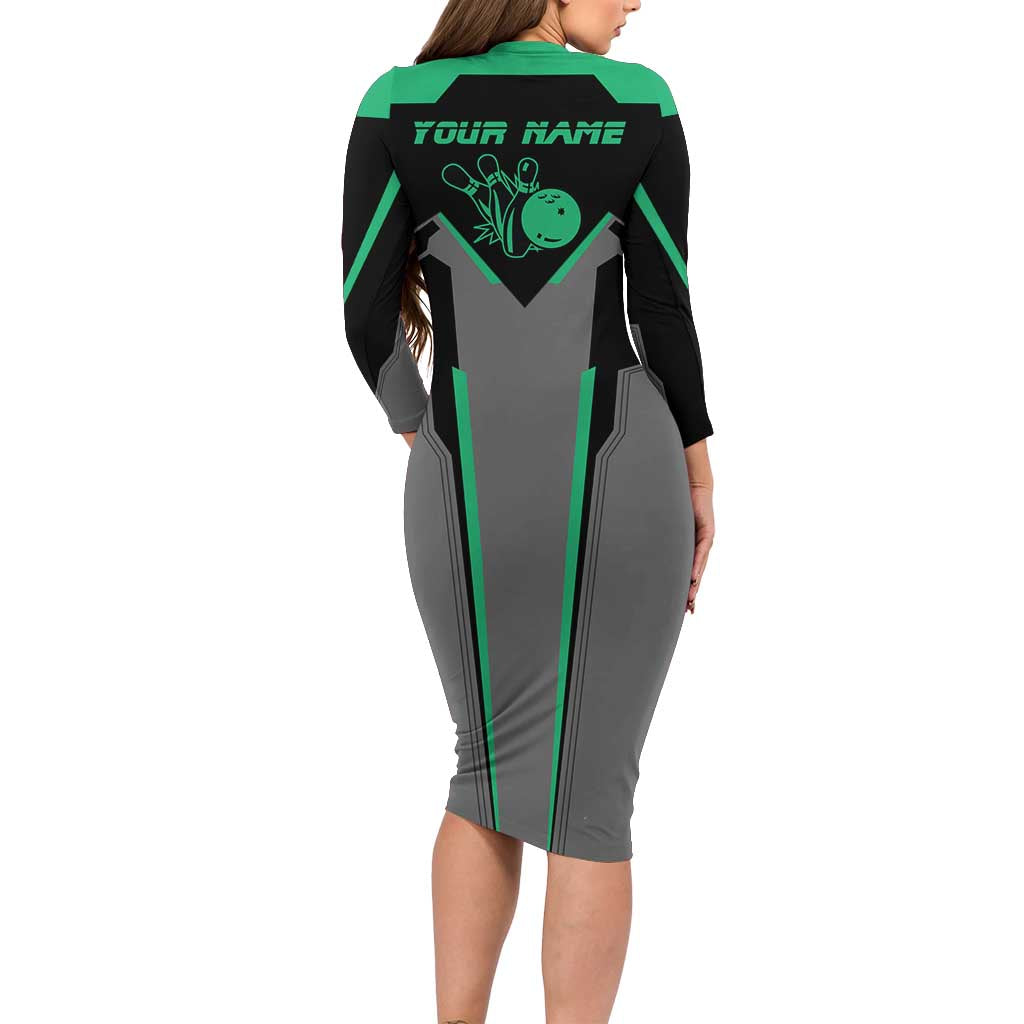 Personalized Bowling Heartbeat Team Long Sleeve Bodycon Dress For Bowlers Green and Gray - Wonder Print Shop