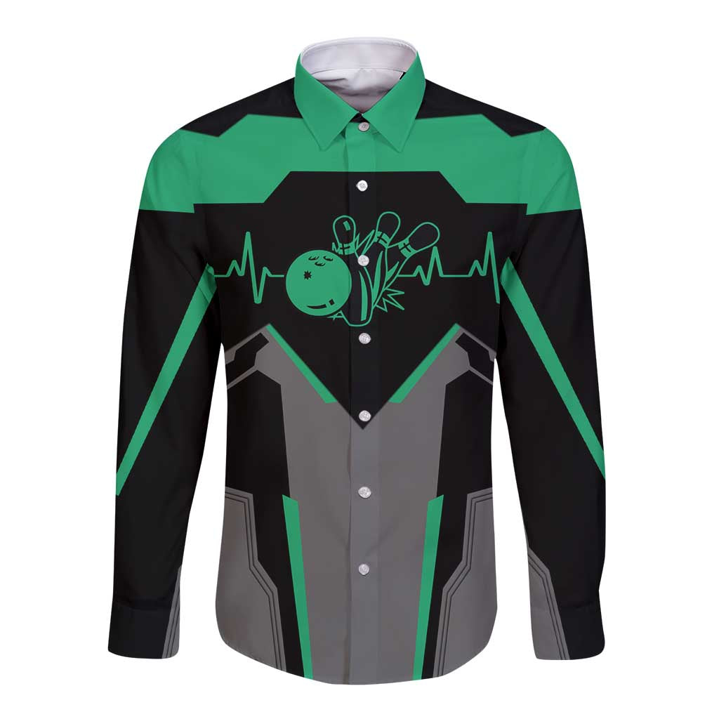 Personalized Bowling Heartbeat Team Long Sleeve Button Shirt For Bowlers Green and Gray - Wonder Print Shop