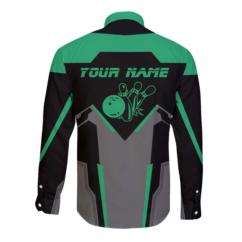 Personalized Bowling Heartbeat Team Long Sleeve Button Shirt For Bowlers Green and Gray - Wonder Print Shop