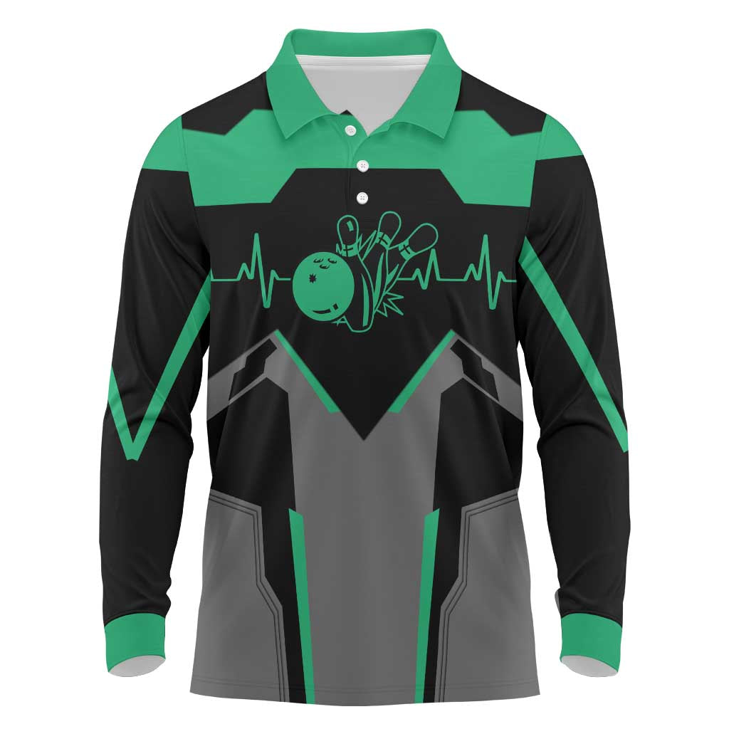 Personalized Bowling Heartbeat Team Long Sleeve Polo Shirt For Bowlers Green and Gray - Wonder Print Shop