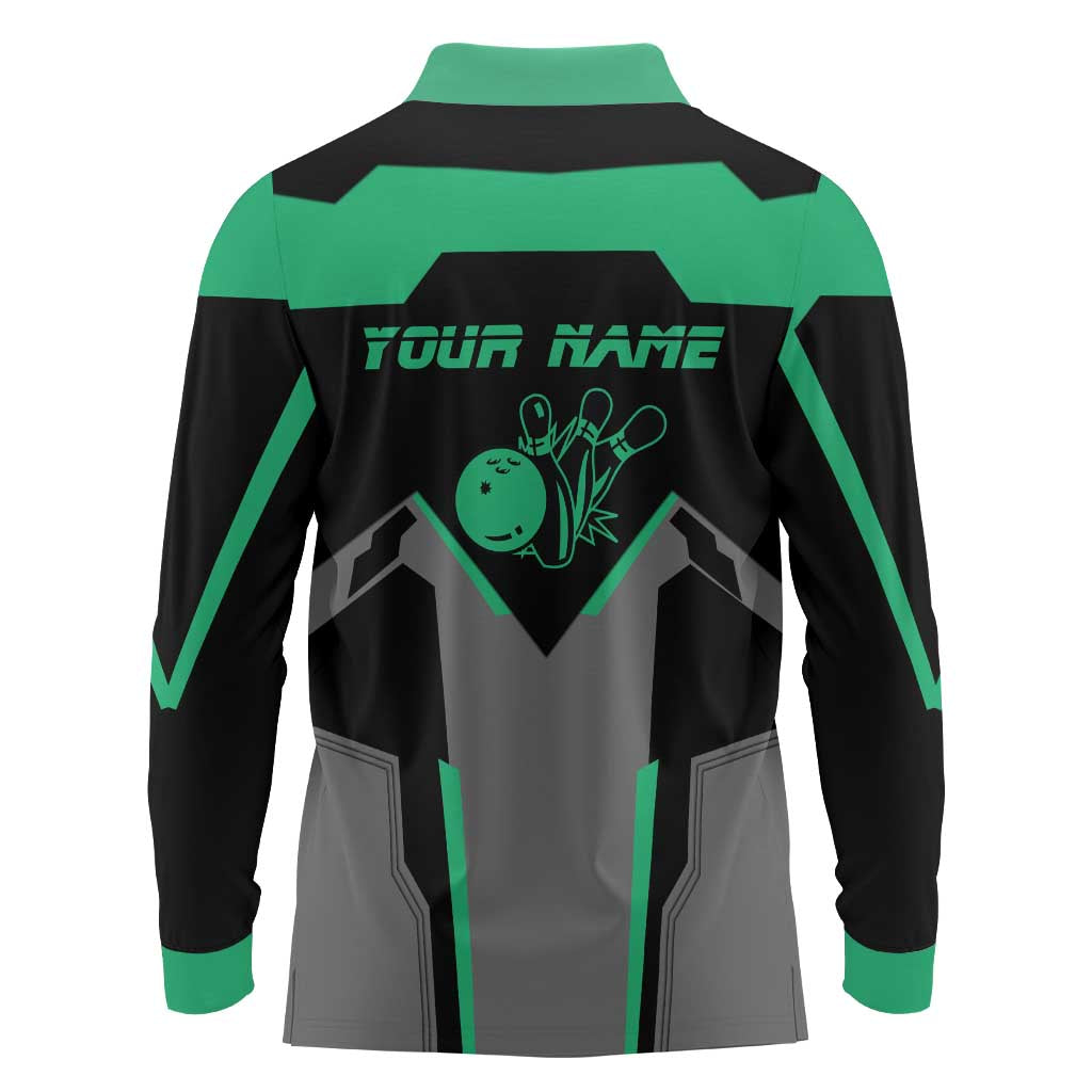 Personalized Bowling Heartbeat Team Long Sleeve Polo Shirt For Bowlers Green and Gray - Wonder Print Shop