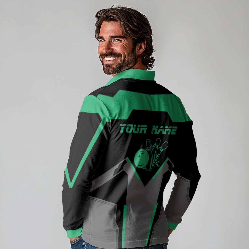 Personalized Bowling Heartbeat Team Long Sleeve Polo Shirt For Bowlers Green and Gray - Wonder Print Shop