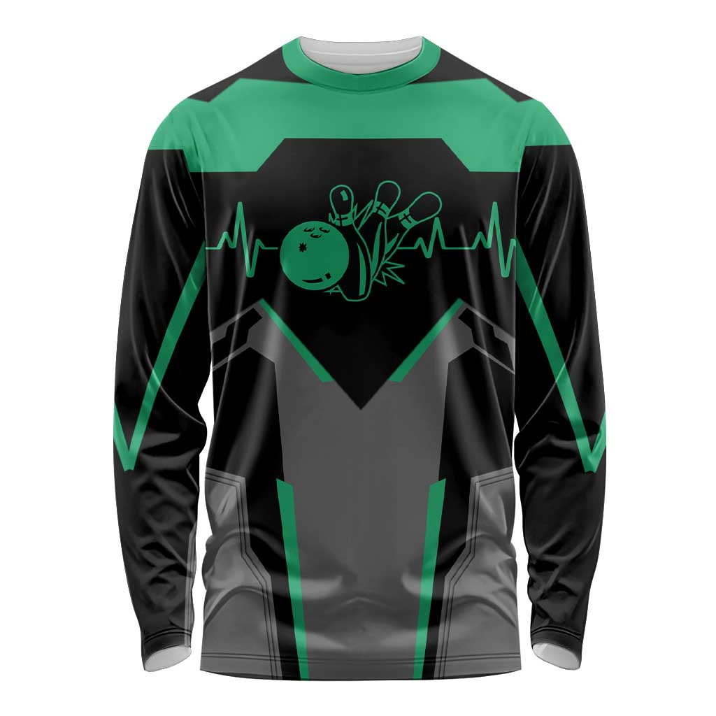 Personalized Bowling Heartbeat Team Long Sleeve Shirt For Bowlers Green and Gray - Wonder Print Shop