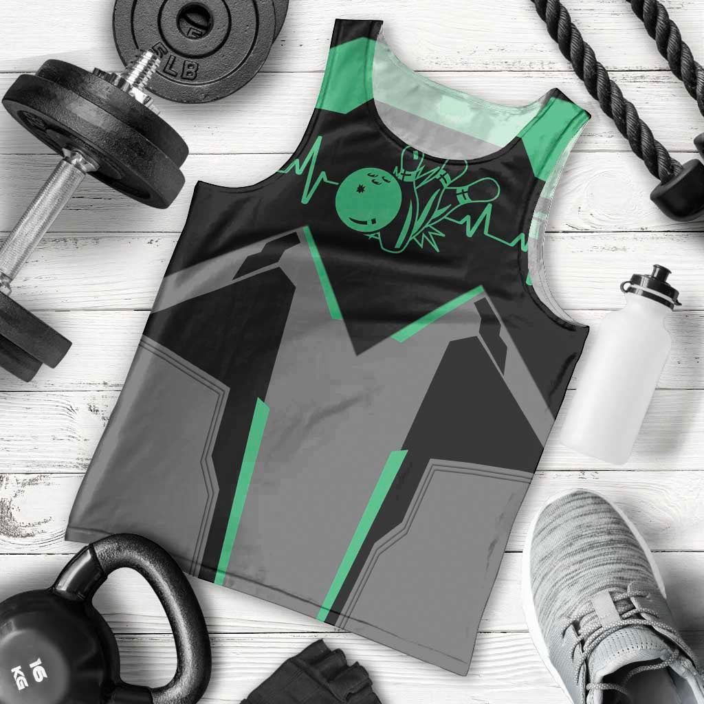 Personalized Bowling Heartbeat Team Men Tank Top For Bowlers Green and Gray - Wonder Print Shop