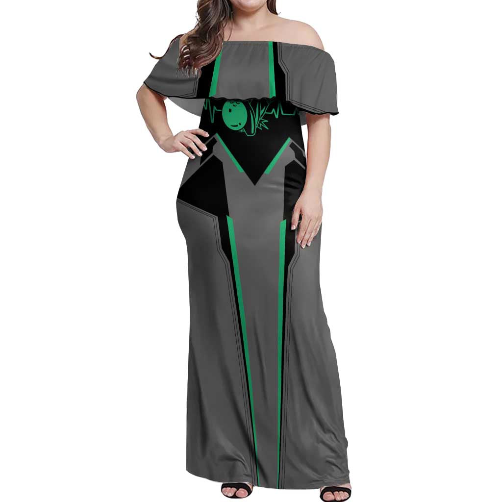 Personalized Bowling Heartbeat Team Off Shoulder Maxi Dress For Bowlers Green and Gray - Wonder Print Shop