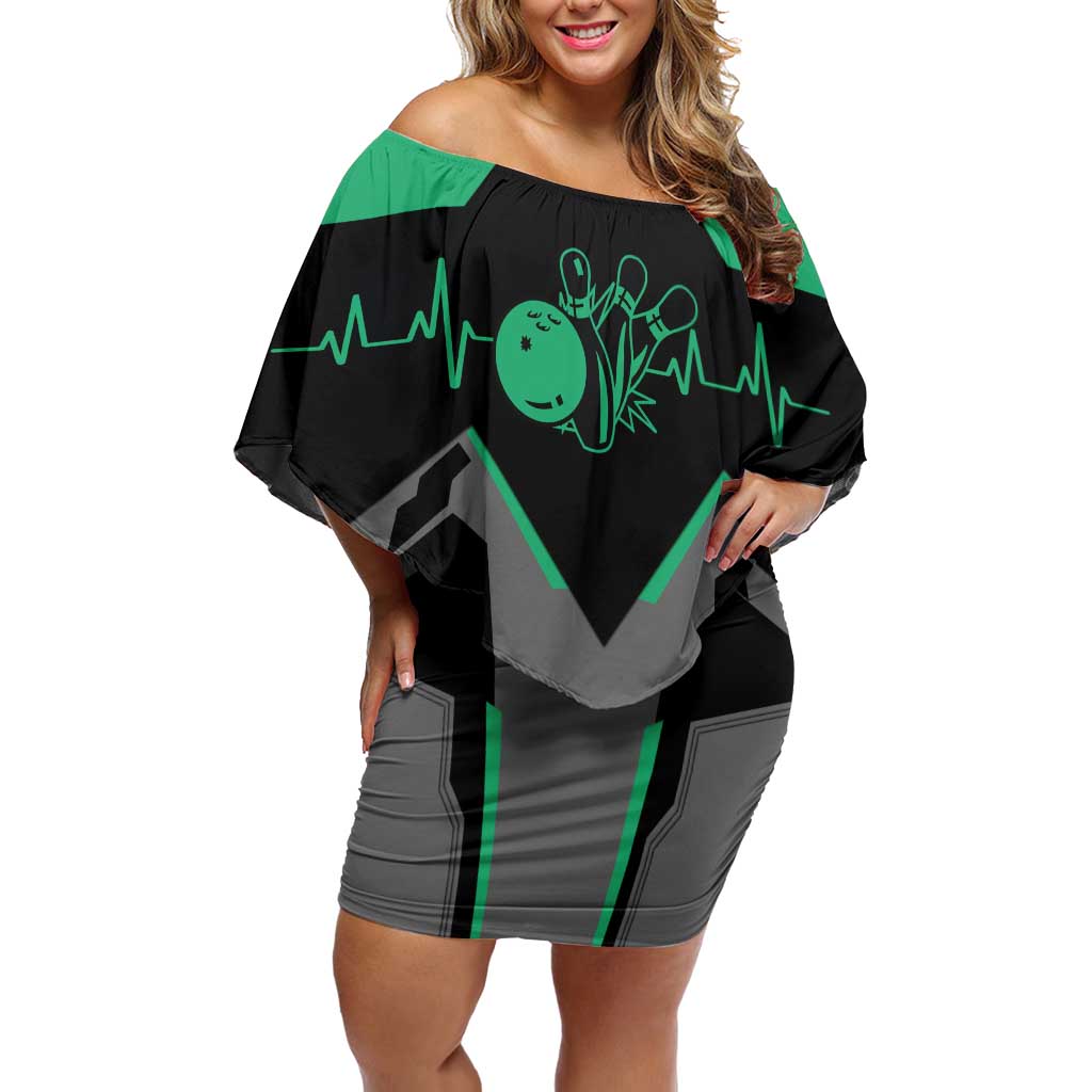 Personalized Bowling Heartbeat Team Off Shoulder Short Dress For Bowlers Green and Gray - Wonder Print Shop