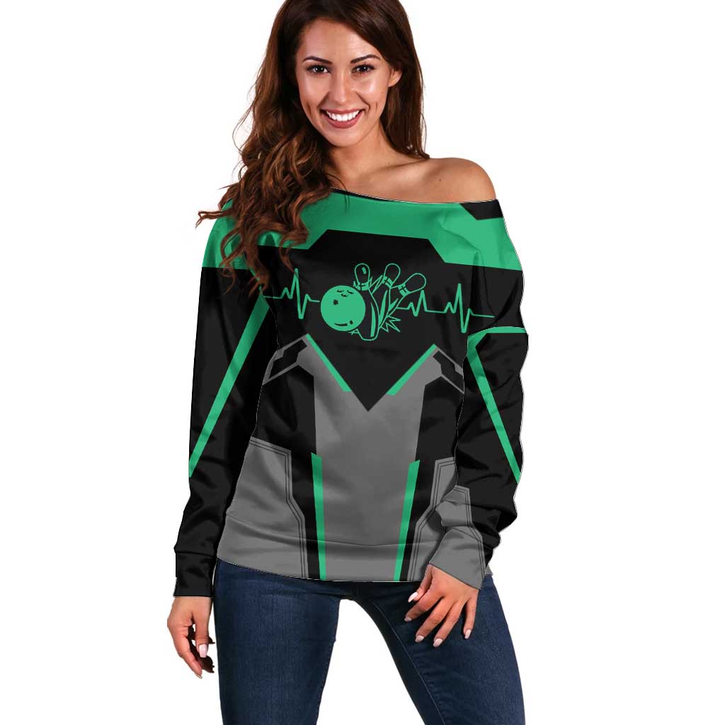 Personalized Bowling Heartbeat Team Off Shoulder Sweater For Bowlers Green and Gray - Wonder Print Shop