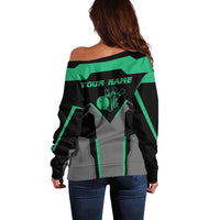 Personalized Bowling Heartbeat Team Off Shoulder Sweater For Bowlers Green and Gray - Wonder Print Shop