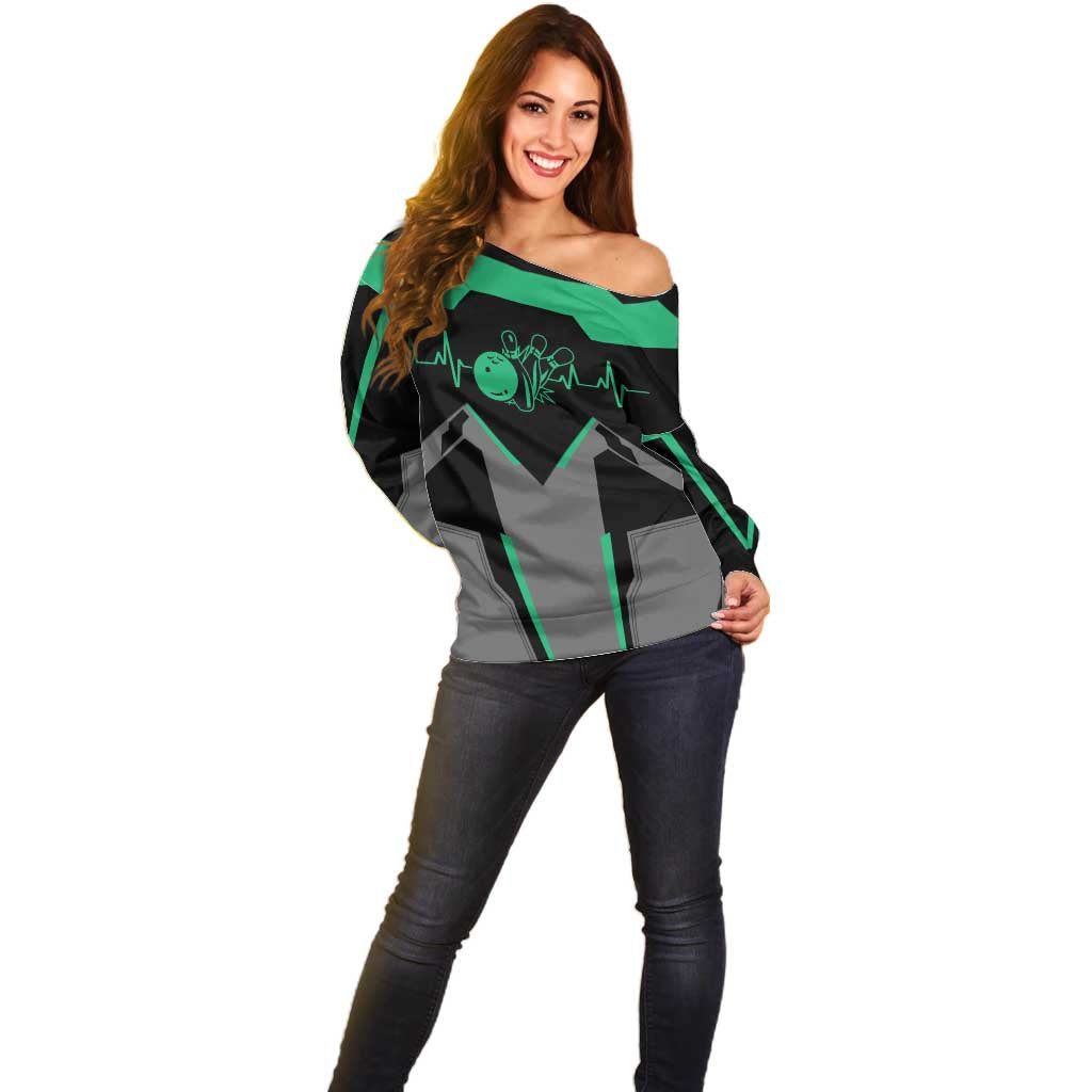 Personalized Bowling Heartbeat Team Off Shoulder Sweater For Bowlers Green and Gray - Wonder Print Shop