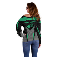 Personalized Bowling Heartbeat Team Off Shoulder Sweater For Bowlers Green and Gray - Wonder Print Shop