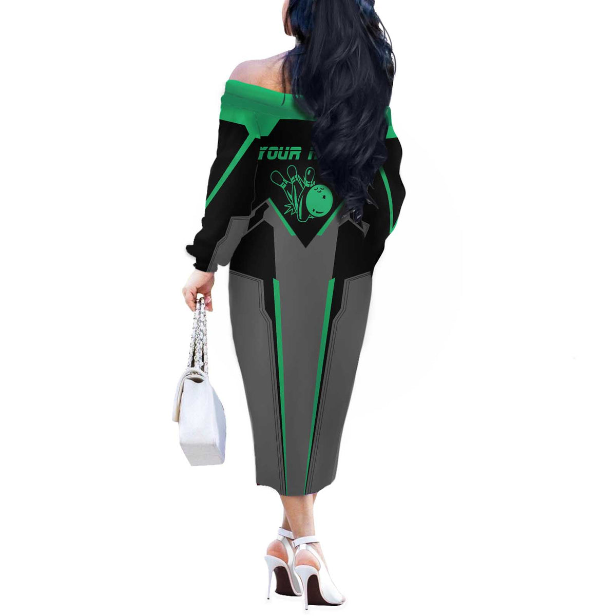Personalized Bowling Heartbeat Team Off The Shoulder Long Sleeve Dress For Bowlers Green and Gray - Wonder Print Shop