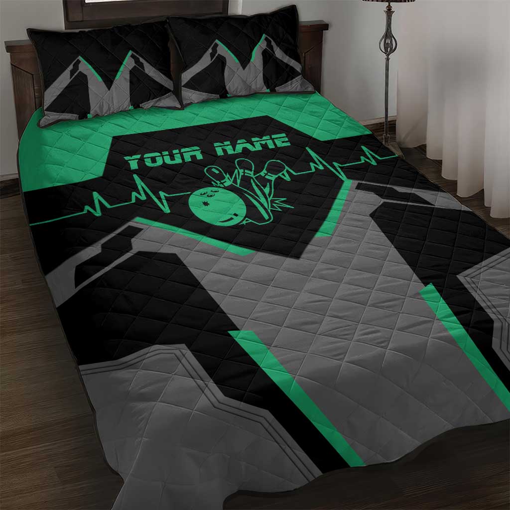 Personalized Bowling Heartbeat Team Quilt Bed Set For Bowlers Green and Gray - Wonder Print Shop