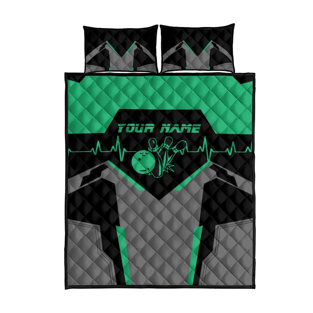 Personalized Bowling Heartbeat Team Quilt Bed Set For Bowlers Green and Gray - Wonder Print Shop