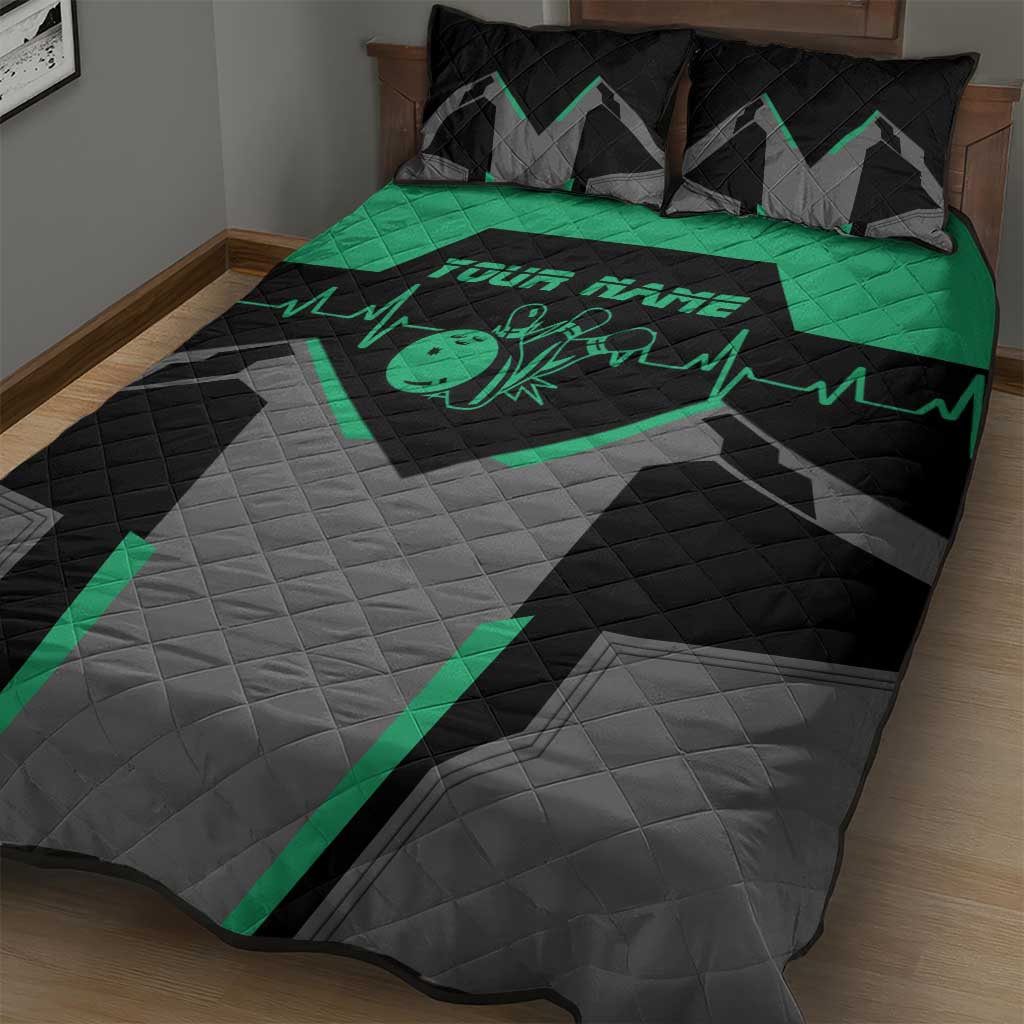 Personalized Bowling Heartbeat Team Quilt Bed Set For Bowlers Green and Gray - Wonder Print Shop