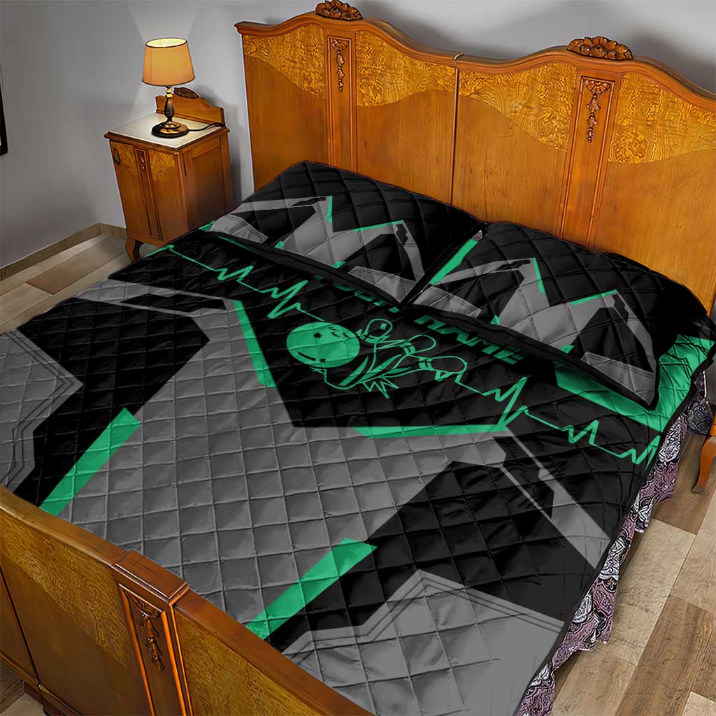 Personalized Bowling Heartbeat Team Quilt Bed Set For Bowlers Green and Gray - Wonder Print Shop