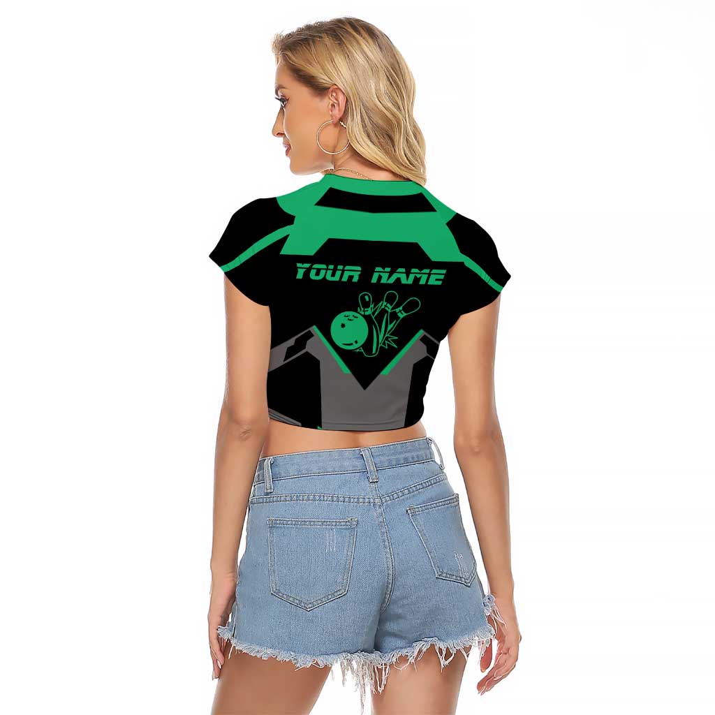 Personalized Bowling Heartbeat Team Raglan Cropped T Shirt For Bowlers Green and Gray - Wonder Print Shop