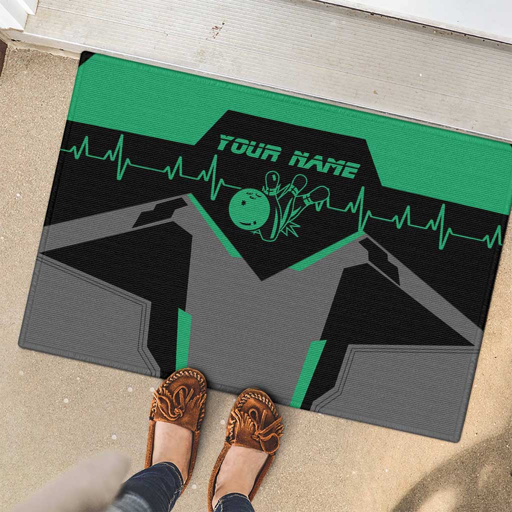 Personalized Bowling Heartbeat Team Rubber Doormat For Bowlers Green and Gray - Wonder Print Shop