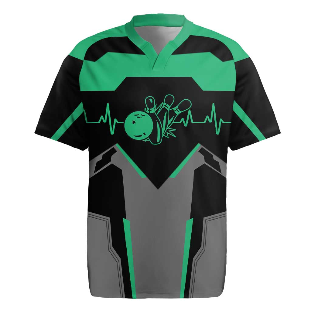 Personalized Bowling Heartbeat Team Rugby Jersey For Bowlers Green and Gray - Wonder Print Shop