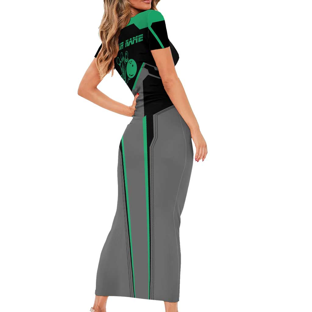 Personalized Bowling Heartbeat Team Short Sleeve Bodycon Dress For Bowlers Green and Gray - Wonder Print Shop