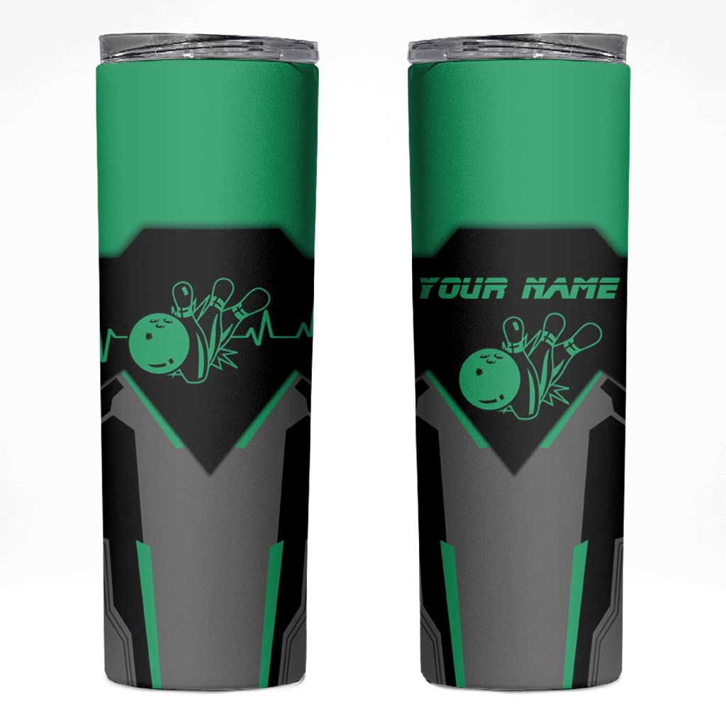 Personalized Bowling Heartbeat Team Skinny Tumbler For Bowlers Green and Gray - Wonder Print Shop
