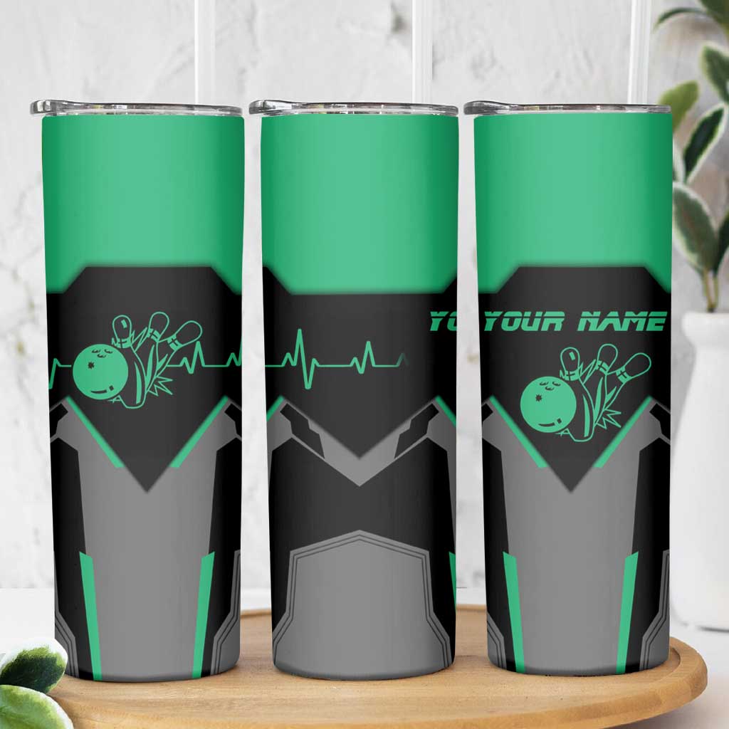 Personalized Bowling Heartbeat Team Skinny Tumbler For Bowlers Green and Gray - Wonder Print Shop