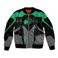 Personalized Bowling Heartbeat Team Sleeve Zip Bomber Jacket For Bowlers Green and Gray - Wonder Print Shop
