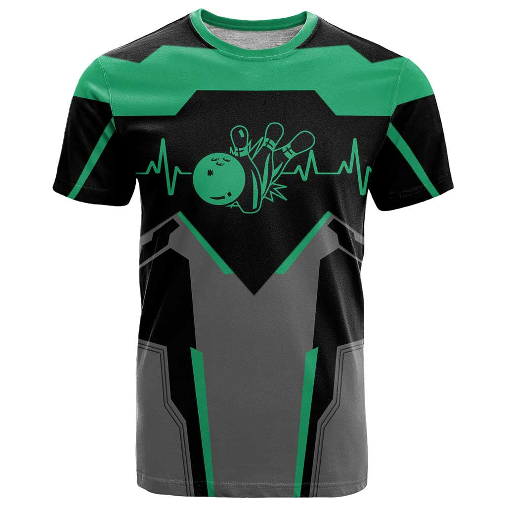 Personalized Bowling Heartbeat Team T Shirt For Bowlers Green and Gray - Wonder Print Shop
