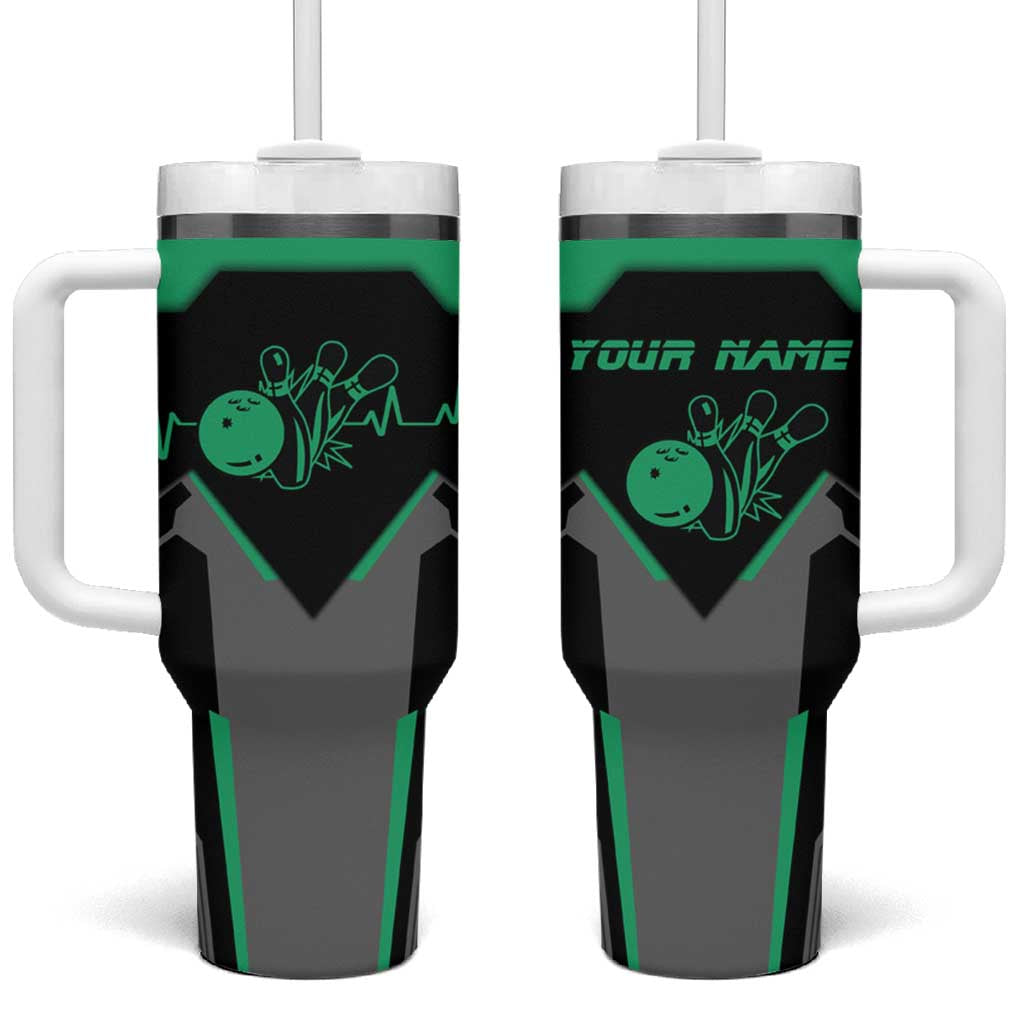 Personalized Bowling Heartbeat Team Tumbler With Handle For Bowlers Green and Gray - Wonder Print Shop
