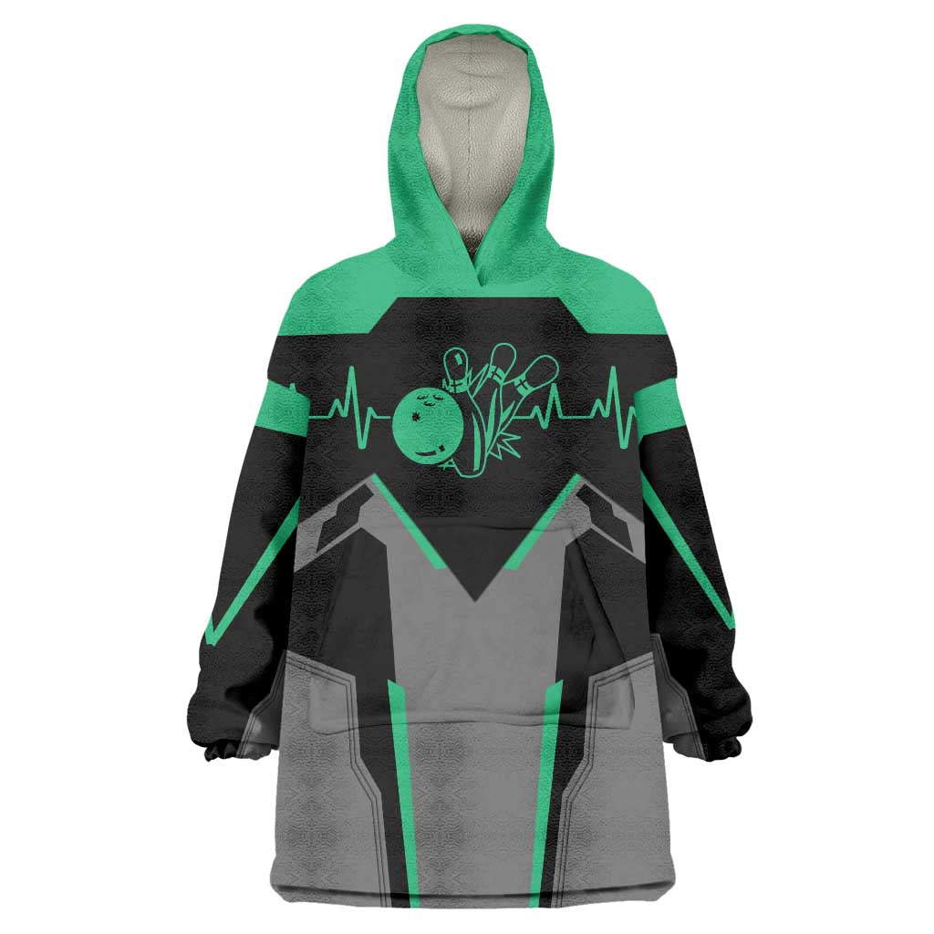 Personalized Bowling Heartbeat Team Wearable Blanket Hoodie For Bowlers Green and Gray - Wonder Print Shop