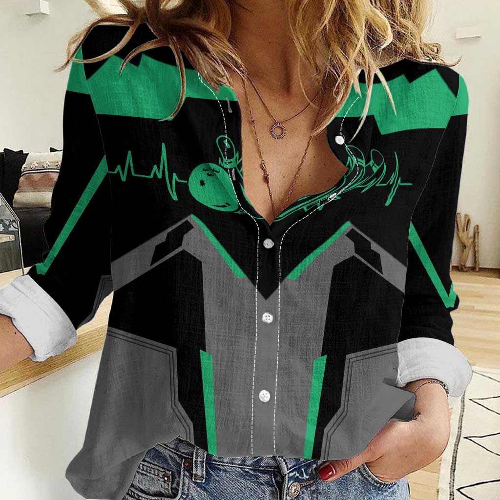 Personalized Bowling Heartbeat Team Women Casual Shirt For Bowlers Green and Gray - Wonder Print Shop