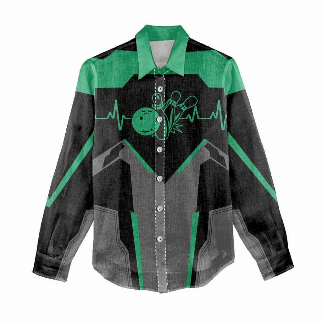 Personalized Bowling Heartbeat Team Women Casual Shirt For Bowlers Green and Gray - Wonder Print Shop