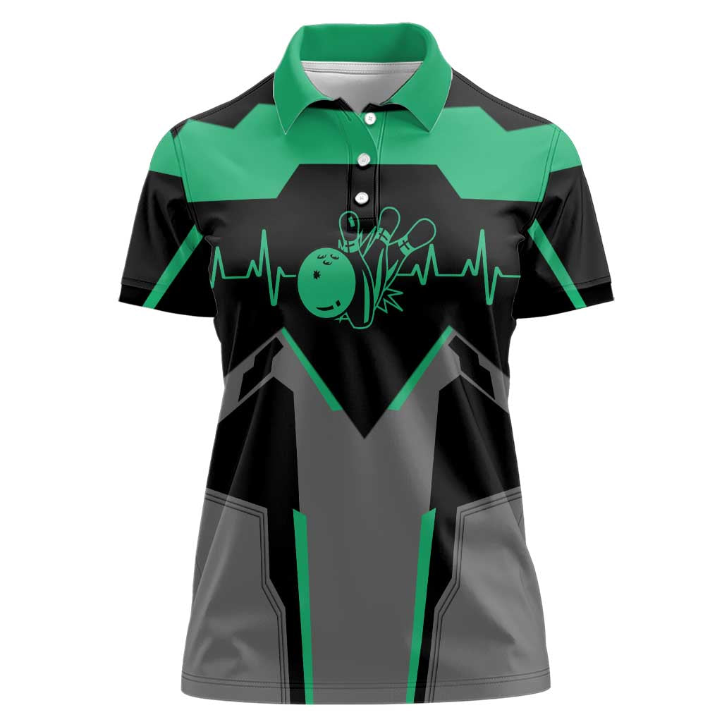 Personalized Bowling Heartbeat Team Women Polo Shirt For Bowlers Green and Gray - Wonder Print Shop