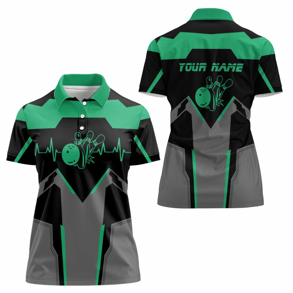 Personalized Bowling Heartbeat Team Women Polo Shirt For Bowlers Green and Gray - Wonder Print Shop