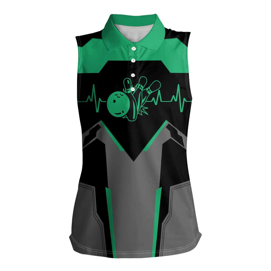 Personalized Bowling Heartbeat Team Women Sleeveless Polo Shirt For Bowlers Green and Gray - Wonder Print Shop