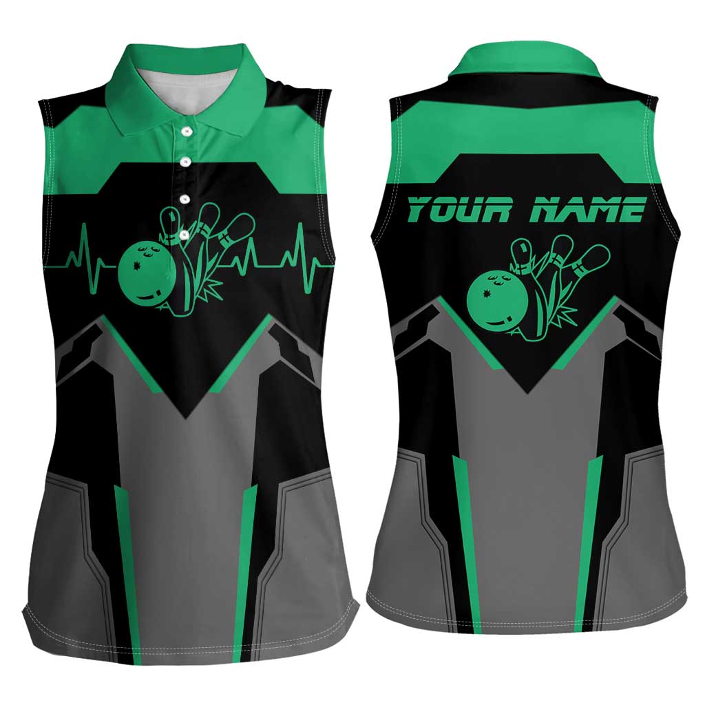 Personalized Bowling Heartbeat Team Women Sleeveless Polo Shirt For Bowlers Green and Gray - Wonder Print Shop