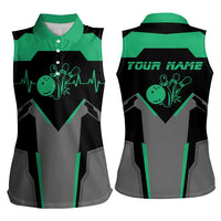 Personalized Bowling Heartbeat Team Women Sleeveless Polo Shirt For Bowlers Green and Gray - Wonder Print Shop