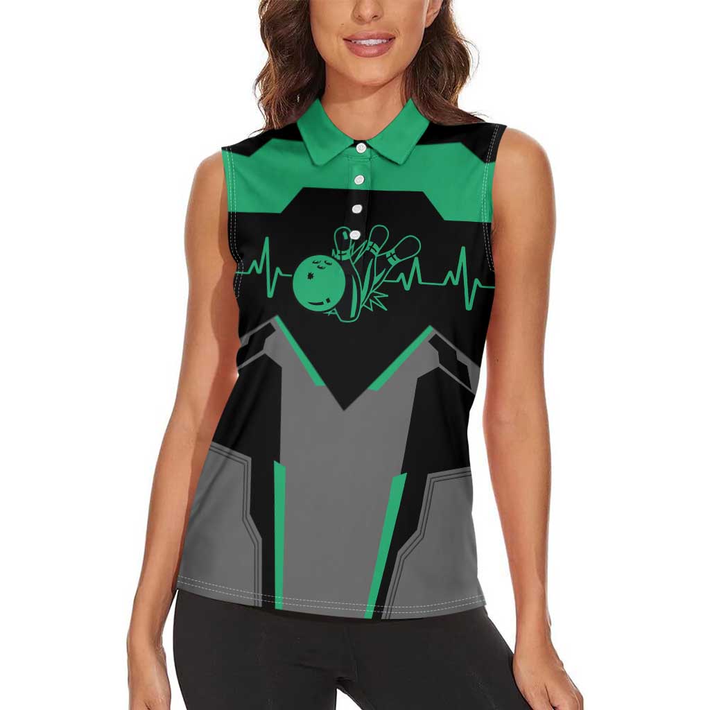 Personalized Bowling Heartbeat Team Women Sleeveless Polo Shirt For Bowlers Green and Gray - Wonder Print Shop