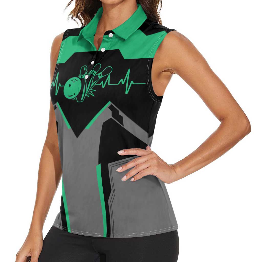 Personalized Bowling Heartbeat Team Women Sleeveless Polo Shirt For Bowlers Green and Gray - Wonder Print Shop