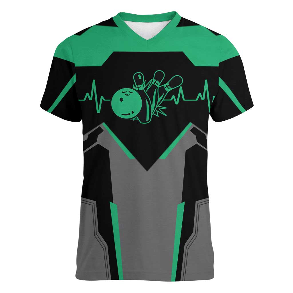 Personalized Bowling Heartbeat Team Women V-Neck T-Shirt For Bowlers Green and Gray - Wonder Print Shop