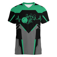 Personalized Bowling Heartbeat Team Women V-Neck T-Shirt For Bowlers Green and Gray - Wonder Print Shop
