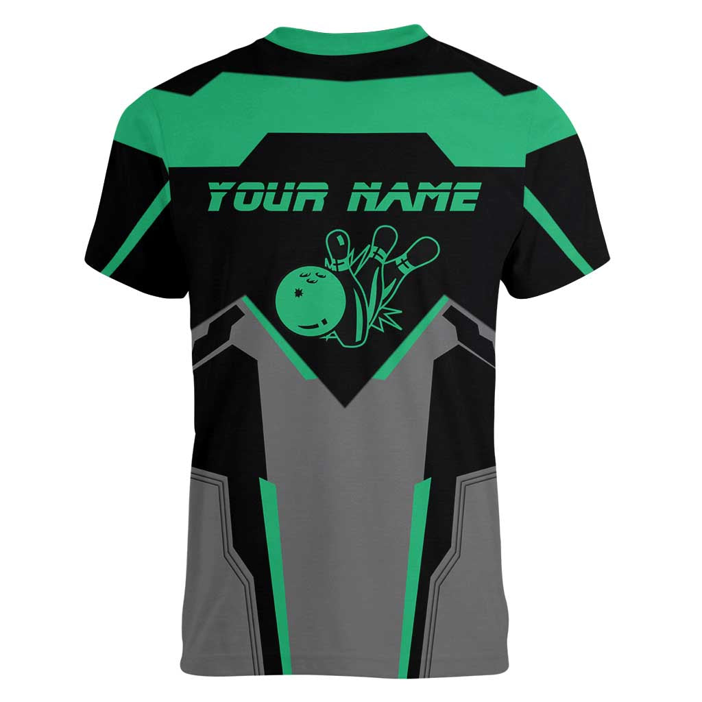 Personalized Bowling Heartbeat Team Women V-Neck T-Shirt For Bowlers Green and Gray - Wonder Print Shop