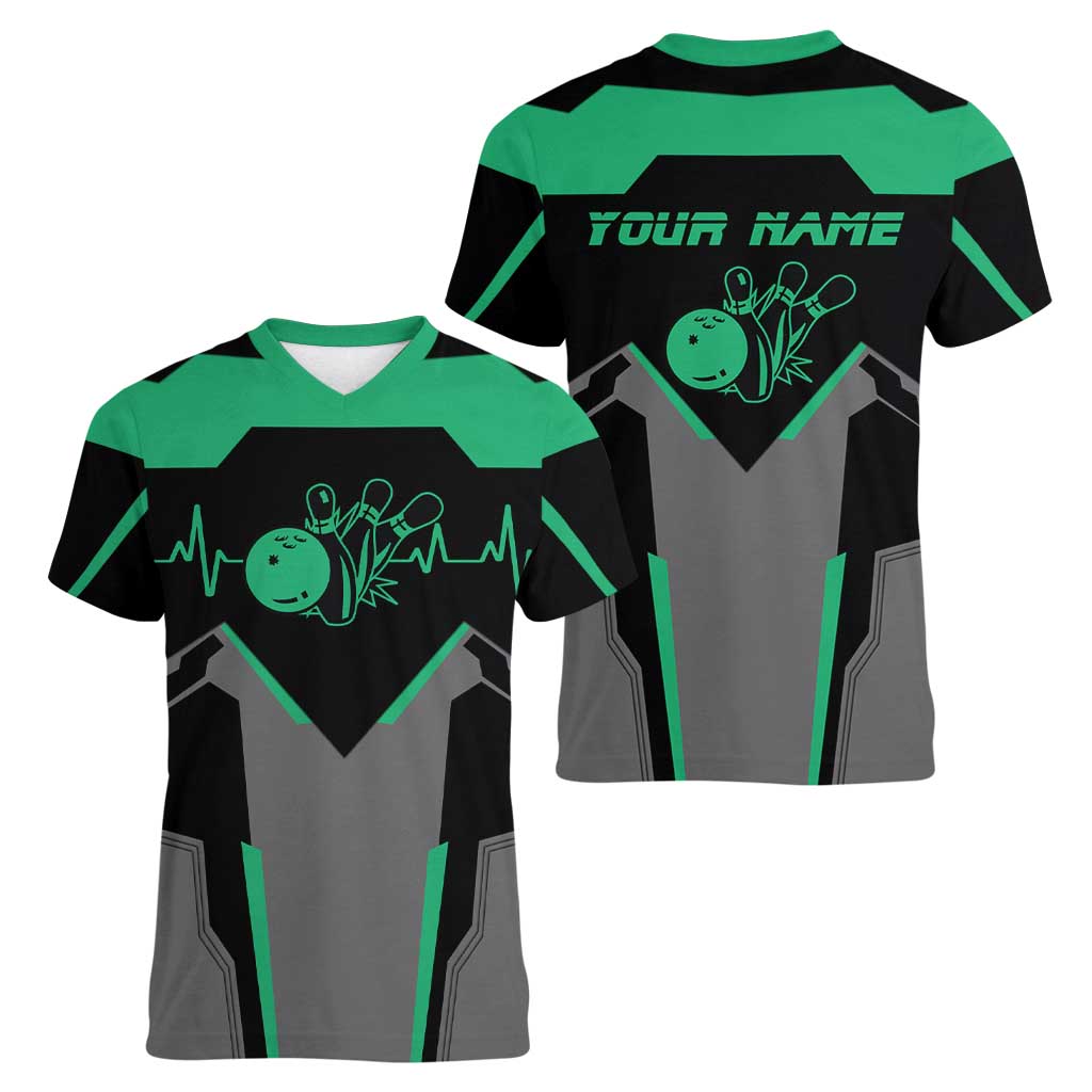 Personalized Bowling Heartbeat Team Women V-Neck T-Shirt For Bowlers Green and Gray - Wonder Print Shop