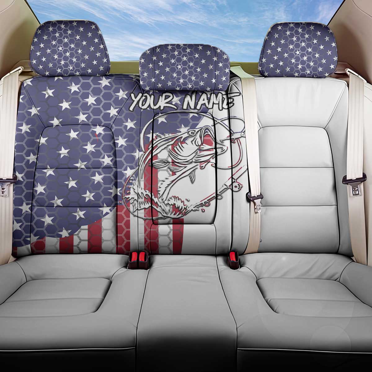 American Flag Bass Fishing Back Car Seat Cover Fishing Rod and Patriotic Red White and Blue Theme - Wonder Print Shop