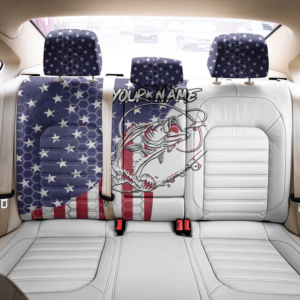 American Flag Bass Fishing Back Car Seat Cover Fishing Rod and Patriotic Red White and Blue Theme - Wonder Print Shop