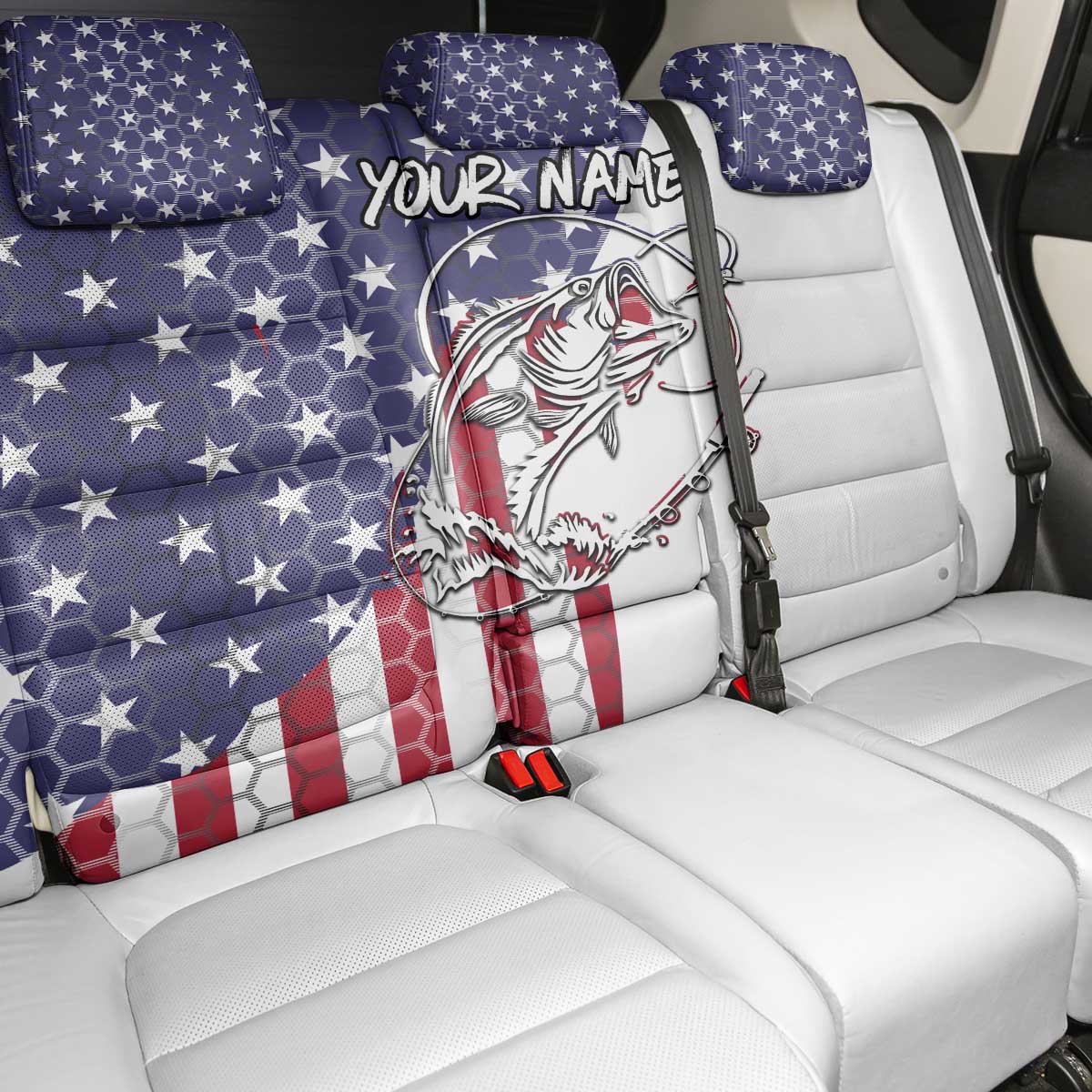 American Flag Bass Fishing Back Car Seat Cover Fishing Rod and Patriotic Red White and Blue Theme - Wonder Print Shop