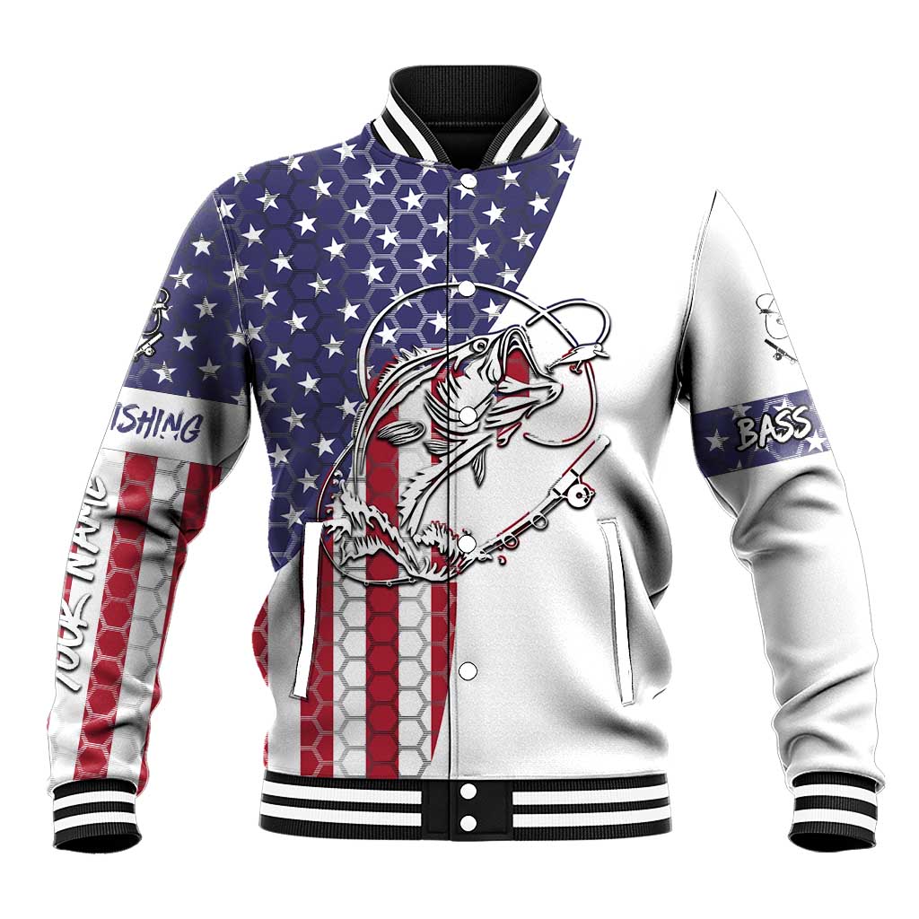 American Flag Bass Fishing Baseball Jacket Fishing Rod and Patriotic Red White and Blue Theme - Wonder Print Shop